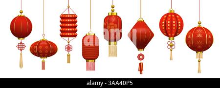 Chinese lanterns set. 3d red china or japanese dragon paper, japan hanging lights with golden patterns. Festive asian traditional decoration. New year garland. Vector realistic isolated elements Stock Vector