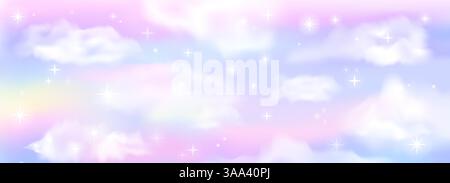 Unicorn background. Cute dream cloud pattern, rainbow sky in pastel watercolor blue and pink. Color baby world. Bright nature sunset and sunrise cloud Stock Vector