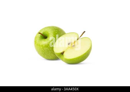 Green ripe apple and half isolated. Granny smith apple and slice. Stock Photo