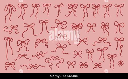 Whimsy bow set. Collection of various bow designs on a pink background. Outline in red color, different styles and sizes Stock Vector