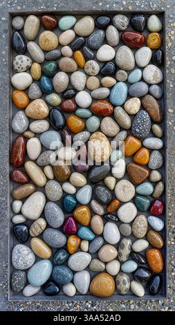 CONTEMPORARY DESIGN: Arrangement of colourful pebbles arranged in a box Stock Photo
