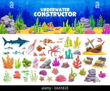 Underwater landscape game assets, fish shoal, stones and treasure chest ...