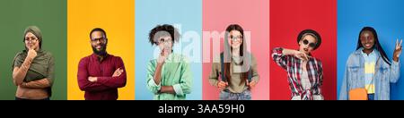 A group of happy, diverse individuals express joy and fun in a vibrant collage Stock Photo