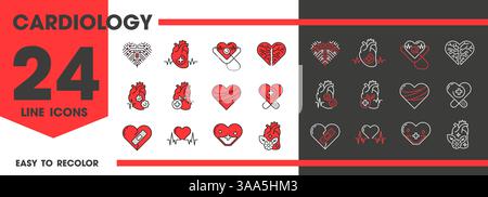 Heart cardiology line icons for cardio healthcare, medicine or medical clinic, vector symbols. Red heart line icons for cardiology medicine or ECG and cardiovascular therapy and heart health day Stock Vector