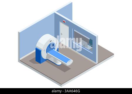 Isometric vector layout of MRI examination room with scanner, separate technician workspace including computer, storage cabinets, and medical Stock Vector