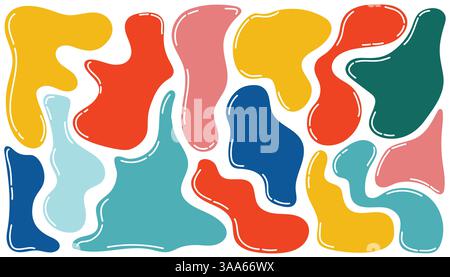 A modern abstract poster with colorful irregular shapes on a white background. Organic, fluid, melting shapes. A playful, minimal, and contemporary ge Stock Vector