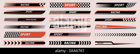 Sports racing stripes. Sports car, moto, boat stickers. Striped vehicle tuning bars flat set. Tuning racing sport decals. Stock Vector