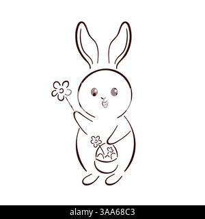 Cute bunny holding a basket with eggs and a flower in paw in line art style. Perfect for Easter greeting card, spring decor, coloring books and Stock Vector