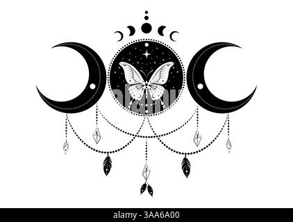 Triple Goddess Mystical Moon Phases and sacred butterfly logo design. Wiccan symbol Boho style. Magic celestial clipart of yoga, spa, beauty salon Stock Vector