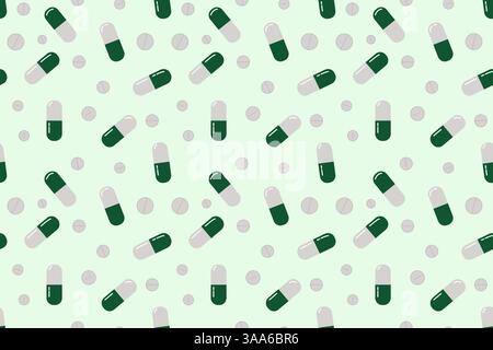 Green medical pills seamless pattern. Pills background. Pills and capsules pattern in green and white. A green medical illustration. Stock Vector