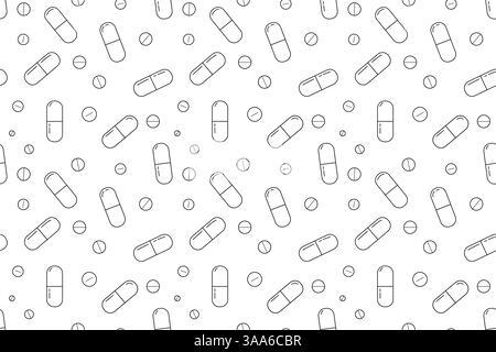 Medical pills seamless pattern. Outline pills background. Pills and capsules pattern in black and white. Stock Vector