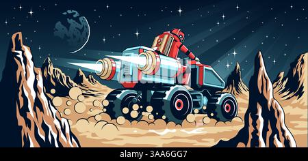 Space explorer drives a futuristic vehicle across a rocky alien landscape under a starry sky Stock Vector