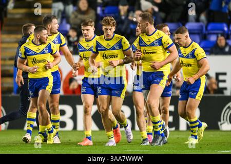 WARRINGTON, ENGLAND - 28 MARCH 2025:  Arron Lindop of Warrington Wolves celebrates his try during the Betfred Super League Round 6 Warrington Wolves v Stock Photo