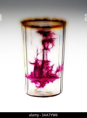 A glass container showcases vibrant, swirling patterns of pink and golden hues, creating an illusion of depth and intricate design. The unique textures and shapes within the glass evoke a sense of artistry and complexity., Classic art with a modern twist reimagined by Artotop, Based on Beaker, c. 1750, Bohemia, Czech Republic, Bohemia, Glass, painted with puce and white enamels and gilding, 10.8 × 7.3 cm (4 1/4 × 2 7/8 in.) Stock Photo