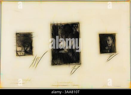 Three distinct frames hang on a textured surface, each encasing abstract forms that evoke a sense of introspection. The artwork conveys a blend of emotion and movement, with wispy lines suggesting both depth and distance, inviting the viewer to ponder the stories within each frame., Classic art with a modern twist reimagined by Artotop, Based on Girl’s Head, Peasant Girl at Window, Anders Zorn, 1897–98, Anders Zorn, Swedish, 1860-1920, Sweden, Three etchings on ivory laid paper, 52 x 70 mm (image/plate, left), 128 x 88 mm (image/plate, center), 60 x 51 mm (image/plate, right), 266 x 394 mm (sh Stock Photo