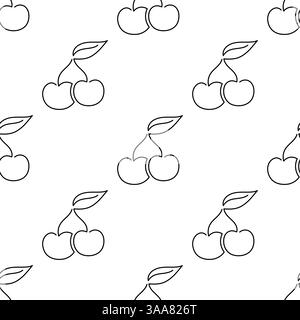 Cherry fruit seamless pattern. Single line illustration. Line art double Cherry. One line Cherry texture. Vector Outline fruit isolated on white background. Textile, fabric, texture design Stock Vector