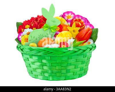Colorful Easter decorations with bunny and eggs isolated on white backround Stock Photo
