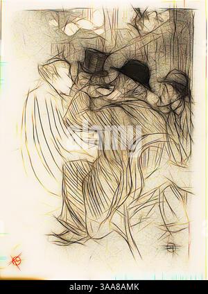 Three figures, adorned in stylish hats, are seated closely together, their postures suggesting deep conversation or contemplation. The intricate lines and textures create a sense of movement and intimacy, highlighting the connection between the individuals. The background hints at a muted, lively atmosphere, enhancing the focus on the engaging group., Classic art with a modern twist reimagined by Artotop, Based on At the Moulin Rouge: A Rude! A Real Rude!, 1893, Henri de Toulouse-Lautrec, French, 1864-1901, France, Lithograph on cream wove paper, 360 × 257 mm (image), 376 × 282 mm (sheet) Stock Photo