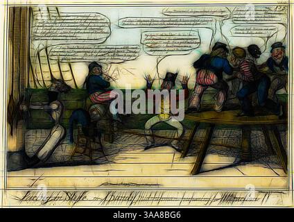 A lively scene aboard a ship where a group of sailors is engaged in a playful struggle over a barrel, with one character dramatically showcasing a pair of gloves. Speech bubbles suggest humorous banter, capturing the camaraderie and lightheartedness of maritime life., Classic art with a modern twist reimagined by Artotop, Based on Lacing in Style, published March 6, 1819, George Cruikshank (English, 1792-1878), after Captain Frederick Marryat (English, 1792-1848), England, Hand-colored etching on paper, 215 × 330 mm (image), 237 × 334 mm (sheet, cut to plate mark) Stock Photo