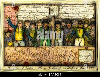 A group of elegantly dressed figures, likely from the 19th century, stands attentively, with some gesturing enthusiastically. Speech bubbles above them suggest animated discussion, possibly about a significant event, while the backdrop features handwritten notes, conveying a sense of historical context and urgency., Classic art with a modern twist reimagined by Artotop, Based on The Freedom of Election, published June 22, 1818, Isaac Robert Cruikshank (English, 1789-1856), published by George Humphrey (English, c. 1773-1831), England, Hand-colored etching on paper, 254 × 357 mm (image), 265 × Stock Photo