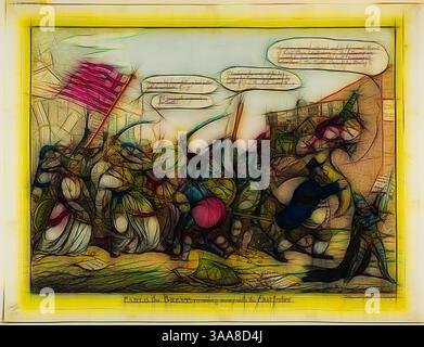A chaotic scene depicting a group of figures engaged in a spirited protest, waving banners and holding signs. Speech bubbles suggest a lively discussion, highlighting their passionate expressions and diverse attire. The background features historic buildings, adding context to their rallying cry for change., Classic art with a modern twist reimagined by Artotop, Based on Carlo the Great, Running Away with the East Indes, published June 1806, Charles Williams (English, active 1797-1830), published by William Holland (English, 1757-1815), England, Etching, with hand-coloring, on paper, 327 × 445 Stock Photo
