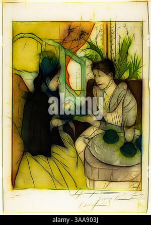 Two women engage in a thoughtful conversation, surrounded by green plants and soft, abstract shapes. One is dressed in a dark shawl, while the other wears a light-colored outfit, both appearing to share a moment of connection., Classic art with a modern twist reimagined by Artotop, Based on Afternoon Tea Party, 1890–91, Mary Cassatt (American, 1844-1926), printed with Leroy (French, active 1876-1900), United States, Color aquatint with drypoint from three plates, with brush and gold paint, on ivory laid paper, 348 x 270 mm (image/plate), 432 x 301 mm (sheet) Stock Photo
