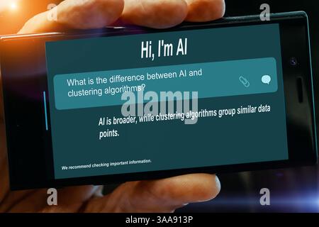 What is the difference between AI and clustering algorithms? Question for AI on tablet screen AI is broader, while clustering algorithms group similar Stock Photo