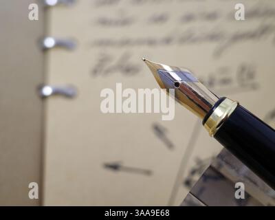 Close-up of the nib of a fountain pen. In the background is blurred a notebook with writing and drawings visible. Stock Photo