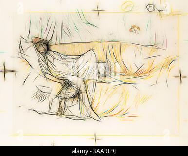 A minimalist composition features abstract forms draped in flowing fabric, evoking a sense of calm and intimacy. The soft lines and gentle curves create a dreamy atmosphere, while subtle colors add depth and intrigue., Classic art with a modern twist reimagined by Artotop, Based on Draped Figure, Reclining, 1892, James McNeill Whistler, American, 1834-1903, United States, Transfer lithograph from five stones, in black (keystone), blue-green, olive green, yellow-green, yellow, purple-brown, pale ochre, orange-red, and rose on ivory wove paper, 180 x 258 mm (image), 218 x 285 mm (with four regis Stock Photo