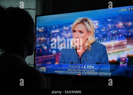 Paris, France. 31st Mar, 2025. Paris, France. 31st Mar, 2025. Marine Le Pen is the guest on TF1's 8 o'clock news on March 31, 2025 following her sentence of ineligibility with immediate execution for the 2027 presidency. Photo by Tomas Stevens/ABACAPRESS. Stock Photo