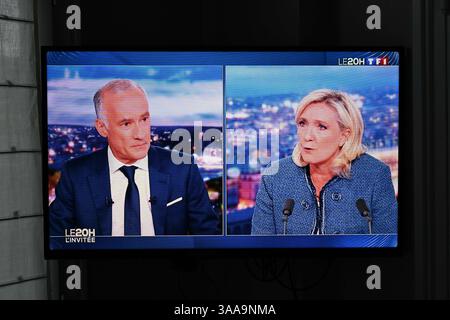 Paris, France. 31st Mar, 2025. Paris, France. 31st Mar, 2025. Marine Le Pen is the guest on TF1's 8 o'clock news on March 31, 2025 following her sentence of ineligibility with immediate execution for the 2027 presidency. Photo by Tomas Stevens/ABACAPRESS. Stock Photo