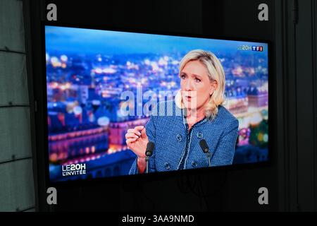 Paris, France. 31st Mar, 2025. Paris, France. 31st Mar, 2025. Marine Le Pen is the guest on TF1's 8 o'clock news on March 31, 2025 following her sentence of ineligibility with immediate execution for the 2027 presidency. Photo by Tomas Stevens/ABACAPRESS. Stock Photo