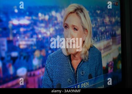 Paris, France. 31st Mar, 2025. Paris, France. 31st Mar, 2025. Marine Le Pen is the guest on TF1's 8 o'clock news on March 31, 2025 following her sentence of ineligibility with immediate execution for the 2027 presidency. Photo by Tomas Stevens/ABACAPRESS. Stock Photo
