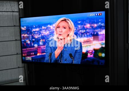 Paris, France. 31st Mar, 2025. Paris, France. 31st Mar, 2025. Marine Le Pen is the guest on TF1's 8 o'clock news on March 31, 2025 following her sentence of ineligibility with immediate execution for the 2027 presidency. Photo by Tomas Stevens/ABACAPRESS. Stock Photo