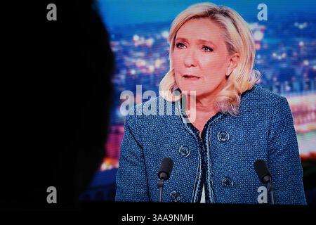 Paris, France. 31st Mar, 2025. Paris, France. 31st Mar, 2025. Marine Le Pen is the guest on TF1's 8 o'clock news on March 31, 2025 following her sentence of ineligibility with immediate execution for the 2027 presidency. Photo by Tomas Stevens/ABACAPRESS. Stock Photo