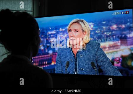 Paris, France. 31st Mar, 2025. Paris, France. 31st Mar, 2025. Marine Le Pen is the guest on TF1's 8 o'clock news on March 31, 2025 following her sentence of ineligibility with immediate execution for the 2027 presidency. Photo by Tomas Stevens/ABACAPRESS. Stock Photo