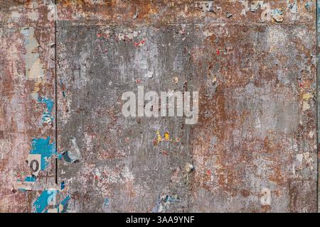 Texture of old, weathered wall with layers of paint, rust, remnants of posters in an urban environment. Aged wall, mix of peeling paint, vintage city Stock Photo