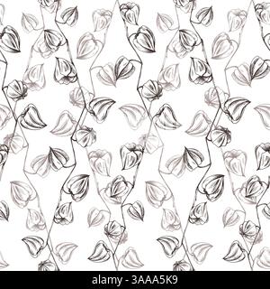 Autumn physalis berries on branches dry, without leaves dried flowers. For decorating summer, autumn, harvest. Graphic line art hand drawn with black Stock Vector