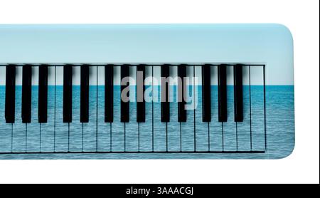 Synthesizer on white background. Double exposure of seascape and musical instrument Stock Photo
