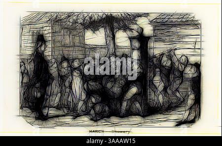 A group of figures is shown in a dynamic scene, likely depicting a gathering or march. The stylized lines and forms convey a sense of movement and emotion, suggesting a moment of collective action or protest against an abstract backdrop. The word "MARCH" is prominently featured, emphasizing the theme of unity and purpose., Classic art with a modern twist reimagined by Artotop, Based on March, Showery from George Cruikshank’s Steel Etchings to The Comic Almanacks: 1835-1853, 1839, printed c. 1880, George Cruikshank (English, 1792-1878), published by Pickering & Chatto (English, 19th century), E Stock Photo