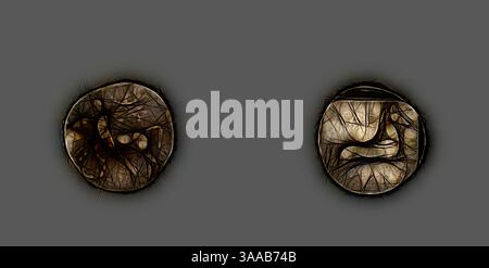 Two circular forms are displayed, each adorned with intricate, abstract patterns resembling organic textures. The left circle features a dynamic arrangement of lines and shapes, while the right circle showcases a more subdued, minimalist design, inviting exploration of their details., Classic art with a modern twist reimagined by Artotop, Based on Drachm (Coin) Depicting Thessalos Holding a Bull, 435/400 BC, Greek, Lárisa, Silver, Diam. 1.9 cm, 6.11 g Stock Photo