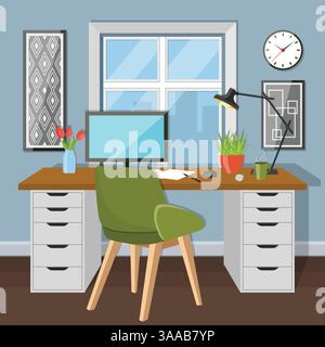 Illustration of modern workplace in room with window. Creative office workspace. Flat minimalistic style Stock Vector
