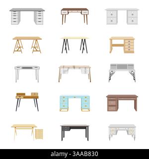 Set of fifteen desks. Furniture for home and office. Elements for work interior office space. Vector illustration Stock Vector