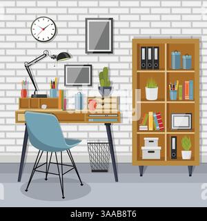 Illustration of modern workplace and shelving unit with gray brick wall Stock Vector