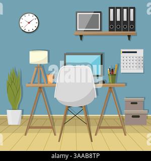 Illustration of modern workplace in room. Creative office workspace. Flat minimalistic style Stock Vector