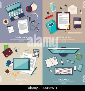 Set of 2x2 banners of home workspace. Freelance design concept set with working from home. Flat design vector illustration Stock Vector