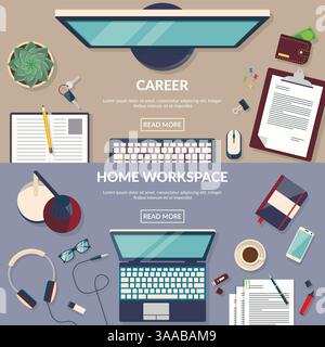 Set of flat design vector illustration concepts for business, finance and career. Freelance design concept set with working from home Stock Vector