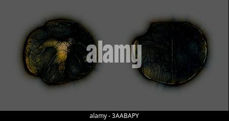 Close-up view of two seeds, showcasing intricate textures and patterns, highlighting their organic forms and fine details., Classic art with a modern twist reimagined by Artotop, Based on Coin Depicting a Palm Tree, AD 132/135, Judaean, Israel, Bronze, Diam. 2.7 cm, 11.18 g Stock Photo