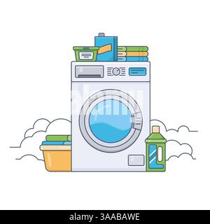 Laundry room service vector illustration. Working washing machine, household chemistry cleaning, washing powder and basket. Thin line flat design vect Stock Vector