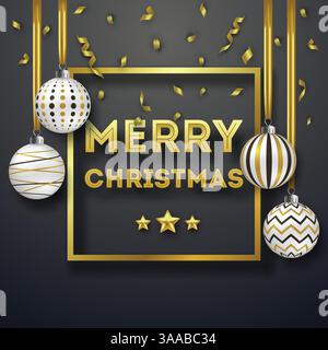 Christmas background with Shining gold ribbons, stars, frame and colorful ornate balls on black background. Merry Christmas card vector Illustration. Stock Vector